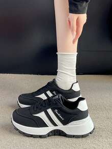 1 Pair Women's White Lace-Up Casual Sports Shoes, Fashionable College Style Thick Sole Derbys - Black - View 7