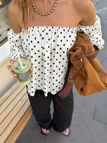New Fall/Winter Women's Fashionable, Elegant, Retro Polka-Dot, Color-Blocked, Ruffled At The Chest, Off-The-Shoulder, Long-Sleeve Casual Top - Multicolor - View 7