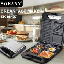 SOKANY 08127 Pembuat Sandwich dan Mesin Sarapan Multifungsi, Daya Tinggi 1400W, Pemanasan Dua Sisi, Dengan Lampu Indikator LED, 3 Pola Tercetak Pada Piring Dalam, Cocok Untuk Menggoreng Telur, Pancake, Steak, Hot Dog, Sandwich, Dll. - Hitam - View 3