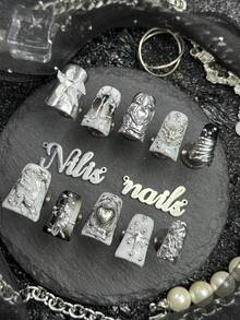 10pcs Handmade Fully Covered Short Duck Nails Press On Nails, Silver Geometric Pattern, Black And White Tie Dye Reusable Fall&Winter Nails,Suitable For Party,Daily, Gothic Y2K False Nails For Women Girls,With Jelly Glue And Nail File - Silver - View 2