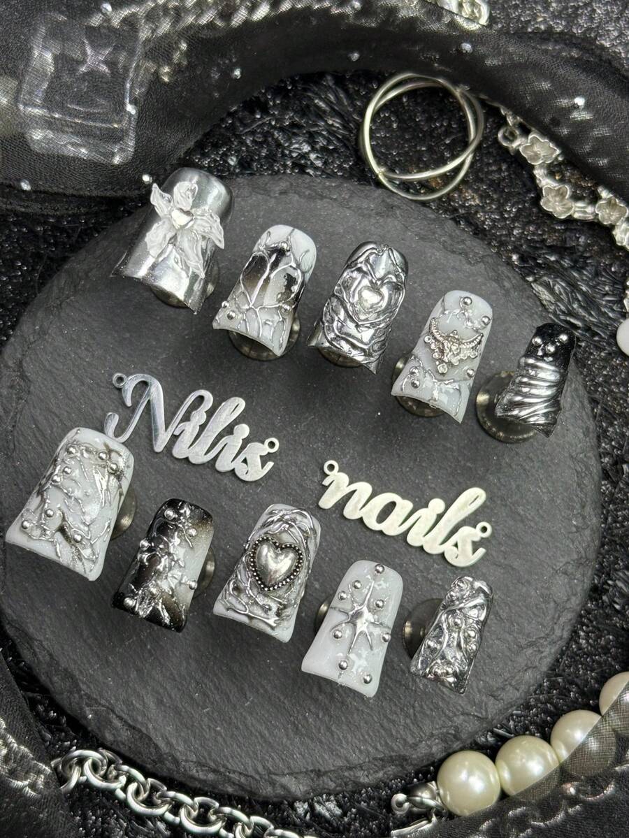 10pcs Handmade Fully Covered Short Duck Nails Press On Nails, Silver Geometric Pattern, Black And White Tie Dye Reusable Fall&Winter Nails,Suitable For Party,Daily, Gothic Y2K False Nails For Women Girls,With Jelly Glue And Nail File