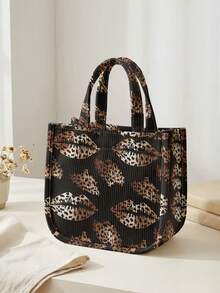 1pc Leopard‑Print Lip Print Corduroy Tote Bag, Snap Button Closure Cute Handbag, Reusable Lunch Tote Bag For Student School Daily Outdoor Shopping Use - Multicolor - View 9