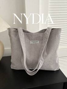 Corduroy Solid Color Shoulder Tote Bag, Minimalist Casual Storage Bag With Solid Color Label - Light Grey - View 8