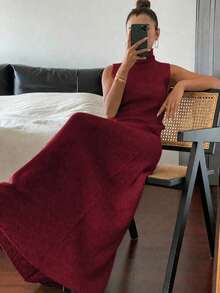 Jotten Vintage Burgundy Semi-High Neck Sleeveless Crop Top + High Waist A-Line Maxi Skirt 2-Piece Set, Elastic Ribbed Slimming Flattering Gentle Commute Solid Color Outfit - Burgundy - View 1