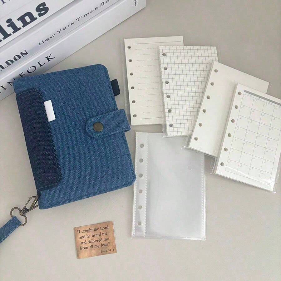 3pcs A7 Denim Fabric Loose-Leaf Notebook Cover, DIY Scrapbook Replaceable Inner Pages Notebook, Grid/Blank/Lined Inner Pages, PP Inner Lining, Large Capacity Notebook, School Supplies, Back To School Season - Horizontal Version - View 1