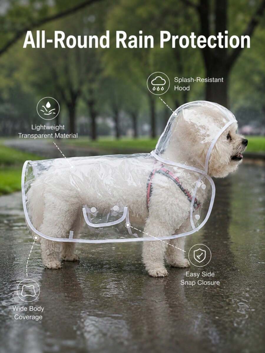 Transparent Waterproof Pet Raincoat, Windproof And Waterproof, Suitable For Large, Medium And Small Dogs, Pet Raincoat, Suitable For Medium And Small Dogs, Teddy Dogs And Bichon Frise For Rainy Day Walks (Recommended To Buy One Size Up; Please Measure Your Pet's Body Size Before Purchasing To Ensure Comfortable Fit) Dog Outfits, Halloween Costume - Clear - View 1