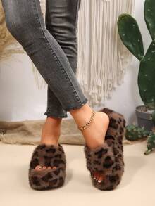 2026 New Women Fluffy Fuzzy Platform Slippers Open Toe Thick Sole Plush Slide Sandals For Indoor Outdoor - Leopard Print Brown - View 7
