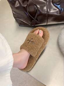 女款冬季新款厚底毛絨拖鞋，沙灘細絨毛拖鞋，戶外穿著，秋季新款仙女風小巧鬆弛沙灘居家拖鞋，春秋室內居家辦公露趾卡其色拖鞋 - 卡其色 - 查看 4