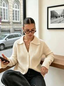 Women's Ribbed Knit Cardigan With Turn-Down Collar, Front Button Long Sleeve Loose Knit Top, Casual Commute Knit Sweater For Autumn/Winter - Apricot - View 2
