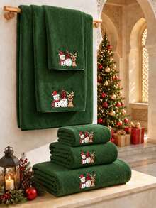 1pc/4pcs Christmas Pattern Towel Set, Reindeer Snowman Gnome Print, Soft Absorbent Coral Fleece Towels, Holiday Bathroom Decor, Christmas Gift - Green - View 1