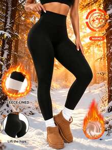 1pc Thermal Lined Slim Fit Thermal Leggings For Women, Warm Thick Thermal Lined Pants For Autumn/Winter, Elastic Fabric Base Layer Leggings, Comfortable Yoga Pants, High Waist Thermal Lined Tights, Winter Pants, Suitable For Layering Or Daily Wear - Black - View 6