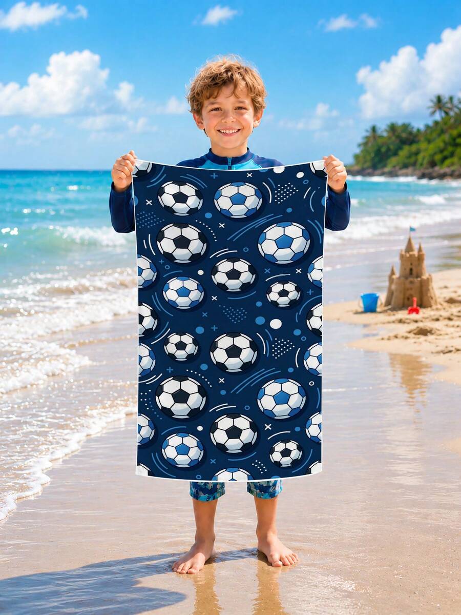 1pc Kids Blue Football Pattern Beach Towel, Super Soft Microfiber Extra Large Beach Blanket, Highly Absorbent Bath Towel, Suitable For Travel, Swimming Pool, Diving, Surfing, Yoga, Camping, Available In Multiple Sizes, Beach Accessories - Multicolor - View 1
