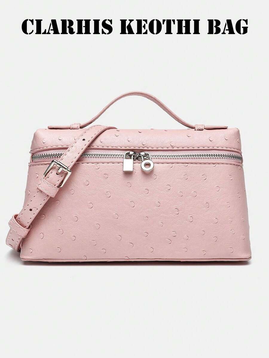 Handbag 3D Box-Shaped Polka Dot Embossed Small Tote Bag With Metal Lock And Zipper Design, Crossbody Lunch Box Bag, Exquisite Compact Storage Bag For Daily Commute, Dating, Travel, INS Niche Design Fashion Versatile Women's Carry-On Bag - Pink - View 1