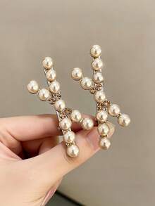 2pcs Women New Fashionable Champagne Pearl Cross Hair Clip, Side Bangs Clip, Diamond Studded Side Clip Hair Accessory - Multicolor - View 8