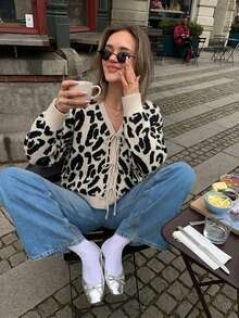 Women's Fashion Leopard Print Cardigan Long Sleeve V-Neck Tie Ribbed Knit Sweater For Look - Apricot - View 2