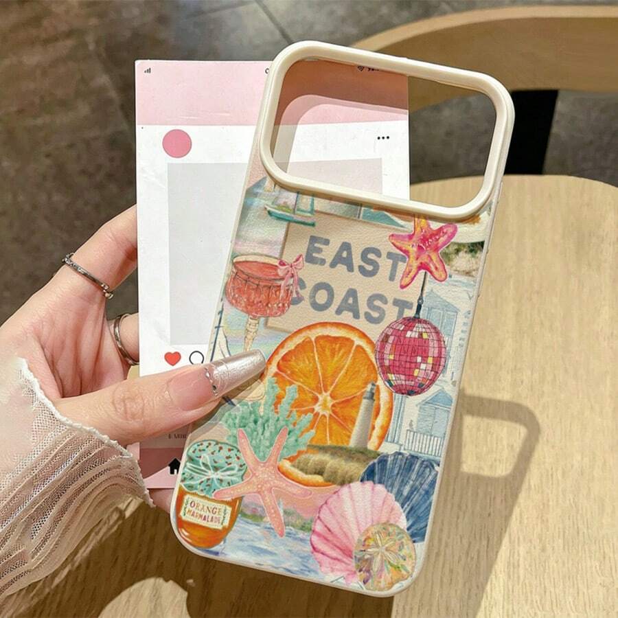 1pc TPU Material Coastal Shell & Sweet Orange Pattern Phone Case Compatible With IPhone 17 Pro Max/17/16 Pro Max/15/13/12/11/ S20 FE/A15/S24/A55/ Note 11/Note 12/Note 13 Pro Full Coverage Anti-Drop Soft Protective Cover - White - View 1