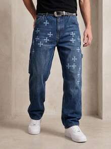 Men's Washed Cross Print Baggy Denim Jeans, Relaxed Fit Streetwear Carpenter Pants - Blue - View 1
