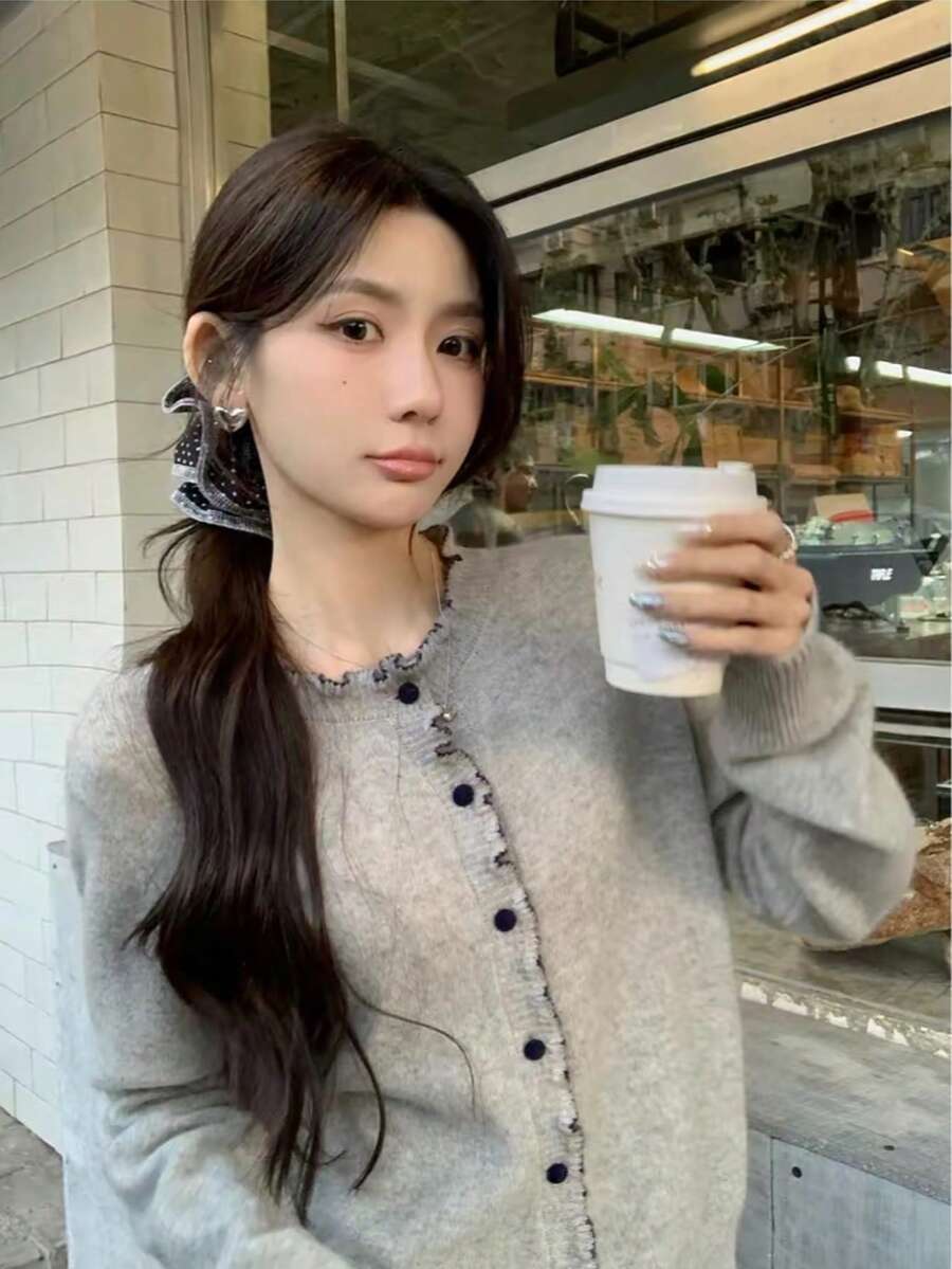 Autumn/Winter New Elegant Fashion Casual Color-Block Frill Trim Warm Slimming Round Neck Versatile Knit Sweater - Grey - View 1