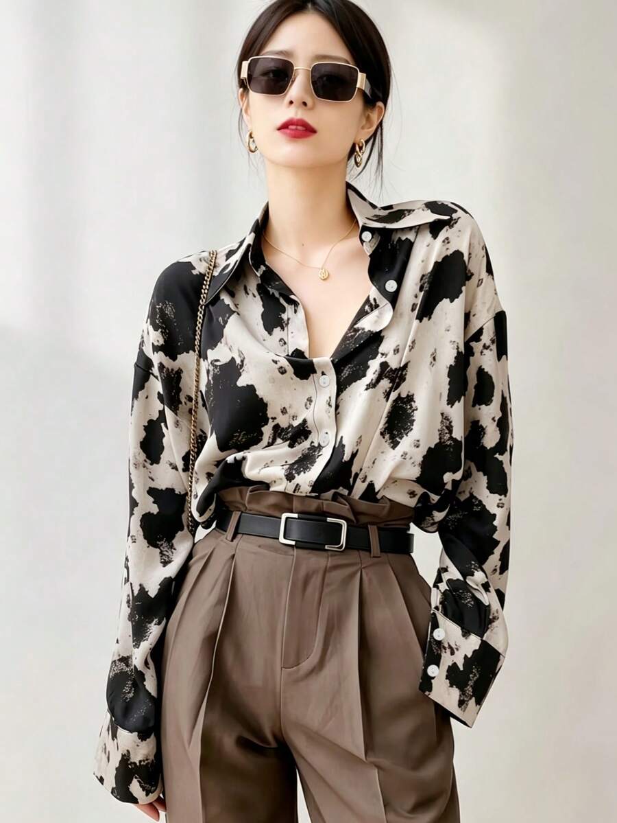 YUXIN 女款時尚百搭寬鬆長袖襯衫，黑白奶牛紋，春/秋通勤與旅行必備
