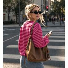 Plus Size Women's Casual Top, Striped Contrast Ribbed Knit, Everyday Wear, Spring/Autumn - Hot Pink - View 3