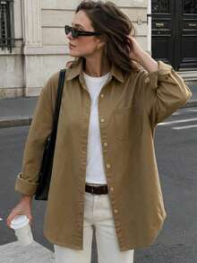 Women's Solid Color Pocket Front Button-Down Casual Shirt, Autumn - Khaki - View 1