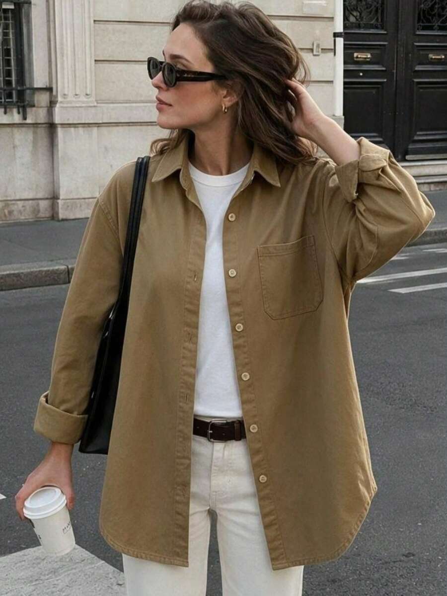 Women's Solid Color Pocket Front Button-Down Casual Shirt, Autumn - Khaki - View 1