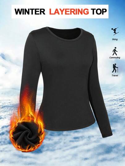 Women's Fleece Lined Thermal Top Long Sleeve Crew Neck Base Layer Shirt Soft Stretch Slim Fit Undershirt Winter Fall Clothes Halloween Pajamas