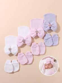 1 Set Newborn Baby Girl Striped Rhinestone Bow Hat + Anti-Scratch Mittens Set, Soft Elastic Breathable Warm Baby Accessories, Suitable For 0-3 Months, Perfect For Daily Wear, Photo Shoots And Parties - 1Set - View 2
