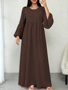 Solid Color Loose Fit Pleated Abaya, Bell Sleeve Round Neck Elegant Islamic Long Dress, Suitable For Middle Eastern Women's Daily Home Wear - Multicolor - View 20