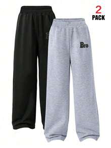 2pcs/Set Boys' Wide Leg Sports Pants, With Faux Embroidery "Bro" Pattern, Loose Fit, Suitable For Sports And Casual Wear, For Autumn/Winter - Multicolor - View 2