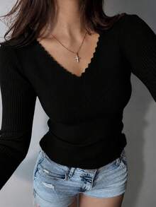 Women Trim Ribbed Arched V-Neck Knit Sweater All Black Elegant Style, Long Sleeve Tops In Fall/Winter - Black - View 1