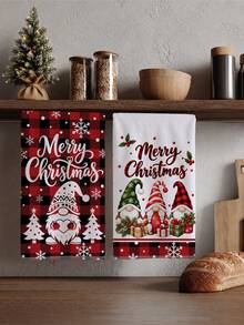 2pcs Red & Black Plaid Cute Gnome Christmas Tree Snowflake Pattern Kitchen Towels, 40*60cm Soft Microfiber Material Tea Towels, Suitable For Home Kitchen Restaurant Outdoor Camping Tabletop Cleaning Dish Cloth Hand Towel Accessories Christmas Theme Kitchen Towels Holiday Gift - Multicolor - View 1