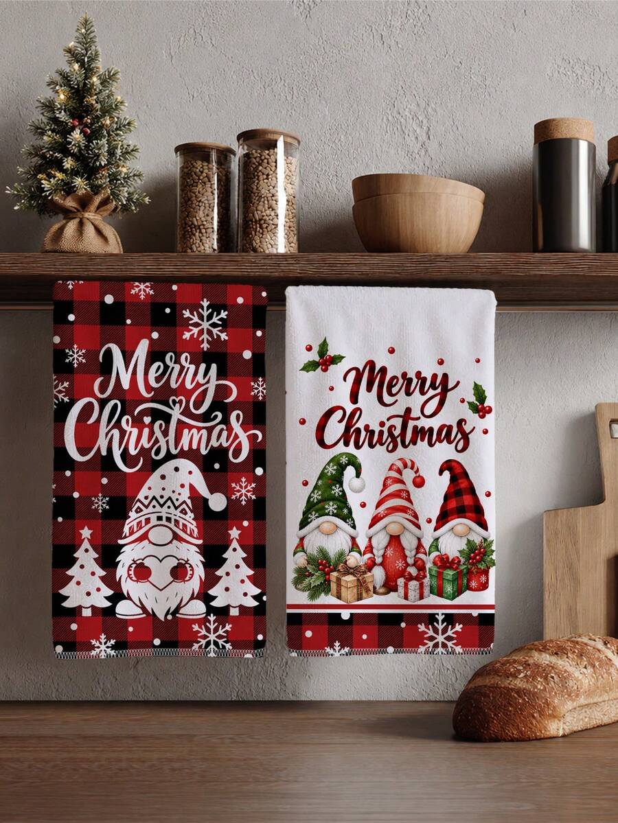 2pcs Red & Black Plaid Cute Gnome Christmas Tree Snowflake Pattern Kitchen Towels, 40*60cm Soft Microfiber Material Tea Towels, Suitable For Home Kitchen Restaurant Outdoor Camping Tabletop Cleaning Dish Cloth Hand Towel Accessories Christmas Theme Kitchen Towels Holiday Gift - Multicolor - View 1