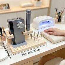 1pc Wooden 2-In-1 Nail Drill & Nail Machine Storage Box, Large Capacity Nail Cleaning Brush Holder, Multi-Compartment Nail Polish Bottle Display Rack, Nail Machine Organizer - Multicolor - View 9
