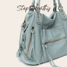 STEPHIECATHY Street Style Women's Brushed Color Washed PU Faux Leather Crossbody Shoulder Tote Bag, Large Multi-Pocket Practical Casual Handbag For Daily Commute, Travel And Campus - Dusty Blue - View 3