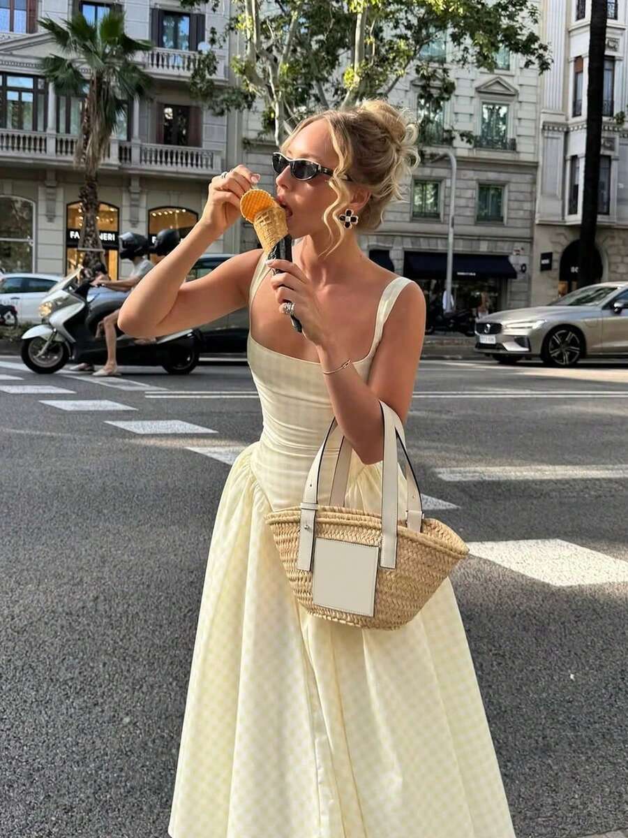 一件豹纹全身优雅休闲吊带修身连衣裙,适合度假海滩约会情人节写真,春夏款 - 鵝黃色 - 查看 1