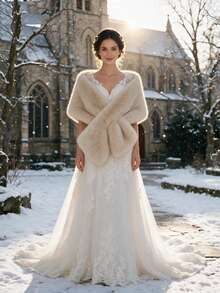 1PC Faux Fur Bridal Shawl Collar Autumn Winter Cape Banquet Wedding Dress Scarf - Camel - View 6