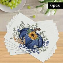 1/4/6pcs Autumn Series Navy Blue Large Pumpkin & Eucalyptus Pattern Printed Placemats, Heat-Resistant Table Mats For Home Kitchen, Table Protection, Kitchen Dining Table, Party Decor - Multicolor - View 14