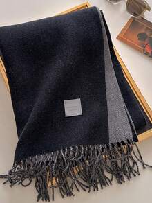 1pc Solid Color Faux Leather Label Tasseled Thick Scarf 65*190cm, Polyester Wool Blend, Fall Winter Shawl For Travel Party Outing, Wear As Scarf Shawl - Multicolor - View 22