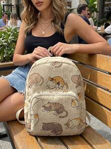 1PC Kitten‑Print Women Mini Backpack, Corduroy Girl School Bag, Travel Storage Bag, Large Capacity Foldable Lightweight Backpack, Multi‑Pocket Layered Design With Zipper Closure - Cartoon Kitten 23123 - View 7
