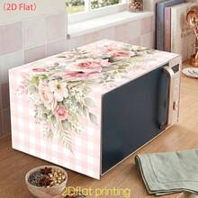 1pc/2D Microwave Dust Cover, Pink And White Plaid Background With Watercolor Pink Rose And Floral Leaf Print, Dust-Proof And Decorative, Beautifies Kitchen Countertop, Suitable For Microwave And Other Home Appliances, Polyester Material - Multicolor - View 4