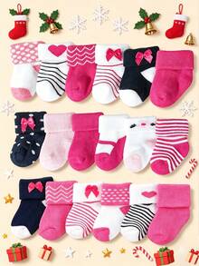 12/6/1 Pair Autumn/Winter Baby Warm Socks, Thickened Terry Socks For Baby Girls, 0-36 Months Newborn, Heart And Stripe Print Pattern, Decorated With Fashionable Bows, Suitable For Daily Wear And Gift Giving. Comfortable, Soft, Skin-Friendly And Breathable Fabric, Baby Socks, Newborn Socks, Toddler Socks, Infant Socks. Halloween, Christmas Outfit Accessories, Toddler Halloween. - Multicolor - View 3