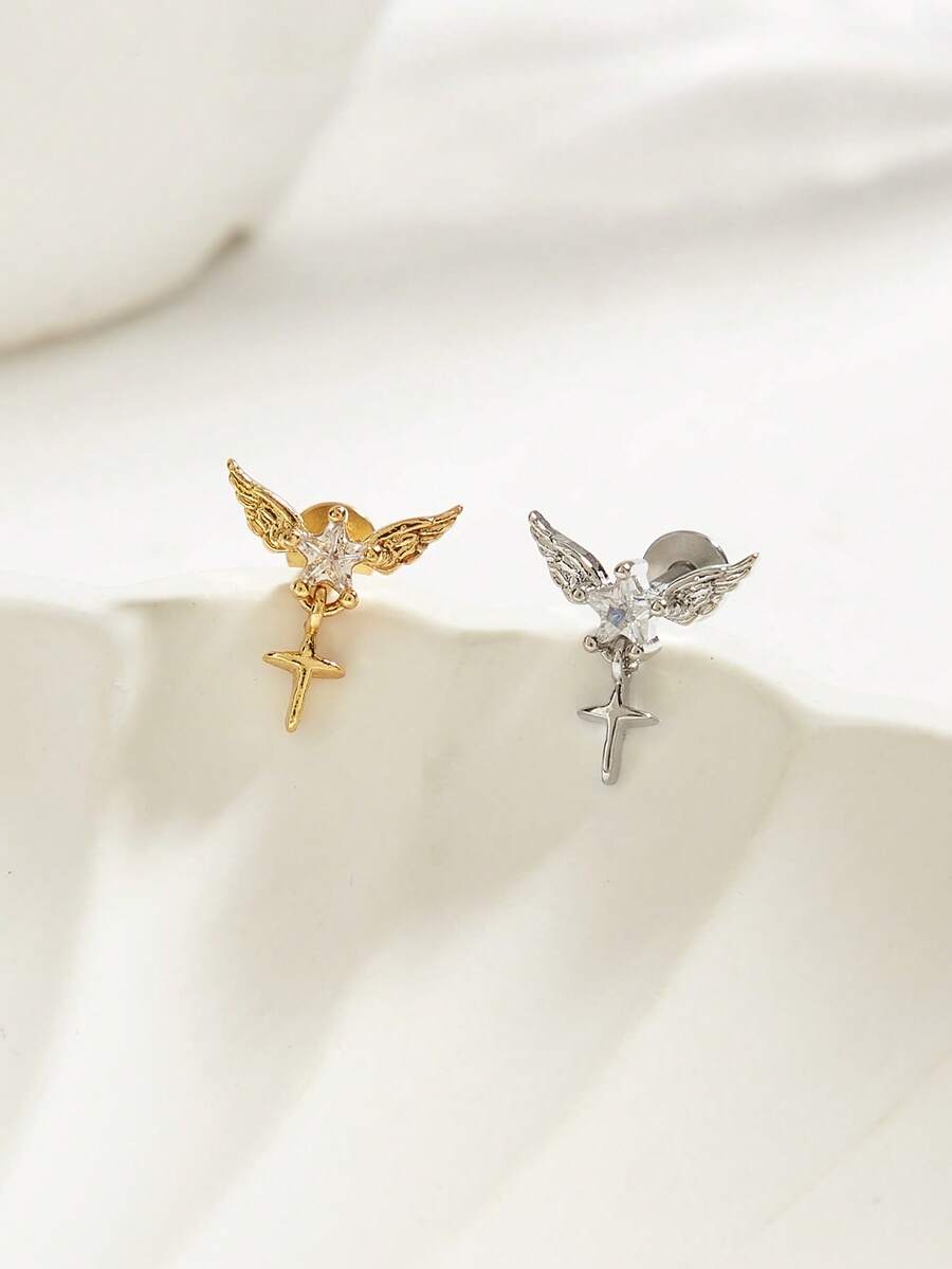 1pc Exquisite Casual Wing & Star Pendant Stainless Steel Stud Earrings Suitable For Women Daily Wear - Wing - View 1