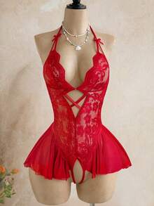 SOFUSEN Lencería Teddy de encaje sexy para mujer, ropa de dormir sexy, lencería Babydoll sexy - Burdeos - Ver 4