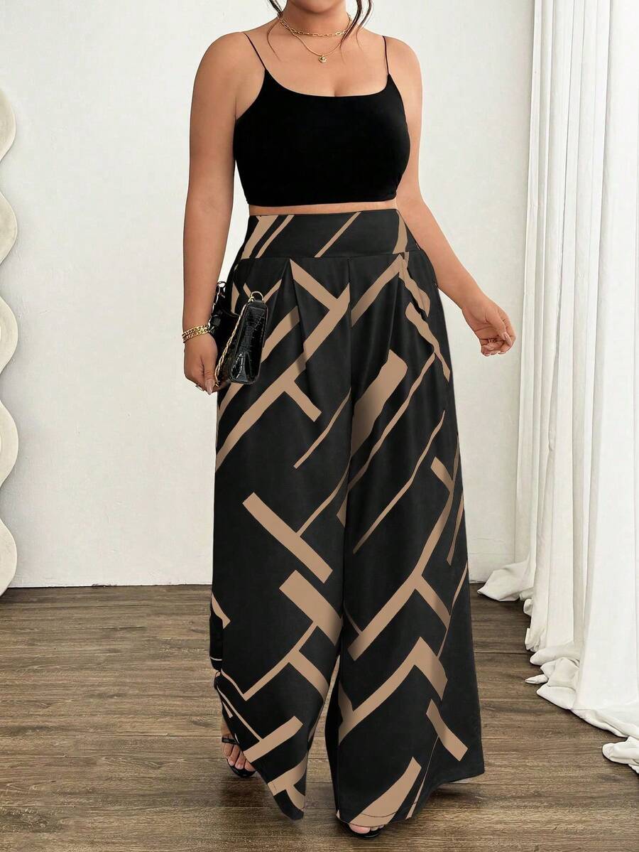 Pantalones anchos elegantes y sueltos con estampado geométrico digital para mujer talla grande - Multicolor - Ver 1