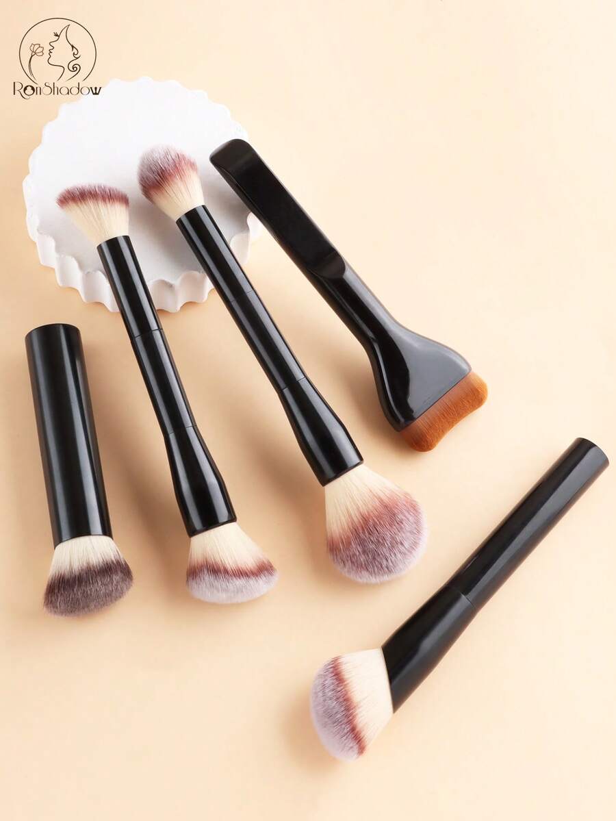 5pcs Multi-Function Makeup Brush Set, Dual-Ended Powder & Blush Brush, Dual-Ended Contour Brush, Wavy Foundation Brush, Angled Powder Brush, Angled Contour Brush, Fluffy Bristles, Non-Absorbent, Suitable For Student Home Makeup And On-The-Go Touch-Ups - Multicolor - View 1