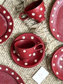 Vintage Polka Dot Distressed Design Coffee Cup And Saucer, Office Afternoon Tea Cup, Glazed Ceramic Breakfast Milk Mug - Burgundy - View 3
