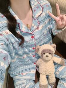 2pcs Women's Pajama Set, Lapel Cardigan Asymmetrical Print Long Sleeve, Suitable For All Seasons - Multicolor - View 4