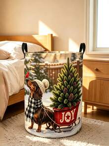 Laundry Basket/Dirty Clothes Basket,Storage Boxes In Bedrooms And Bathrooms, Joyful Dachshund Decor Pattern-Foldable Circular Clothes Basket - Multicolor - View 10