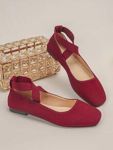 Spring/Autumn New Women's Burgundy Flat Shoes, Cross Elastic Strap, Square Toe, Slip-On, Soft, Versatile Ballet Style Mary Jane Shoes - Burgundy - View 7